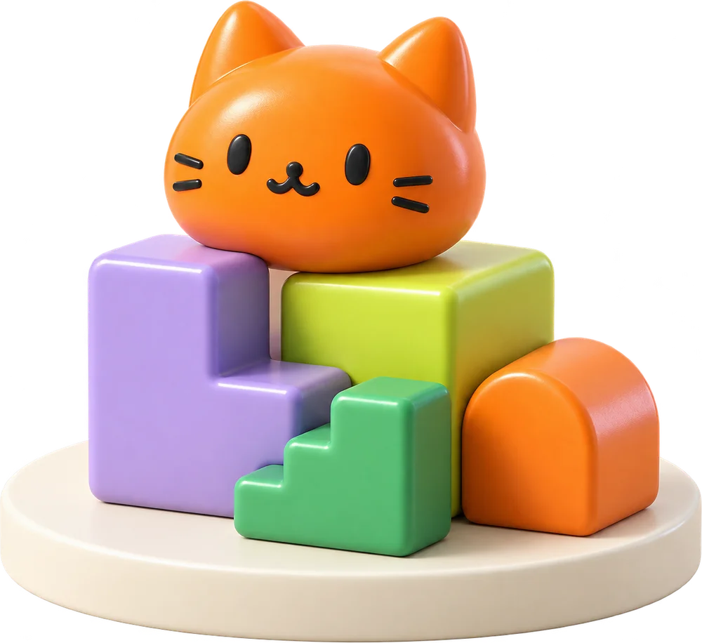 An orange cat perched on colorful puzzle blocks