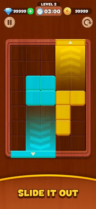 Wood Jam Escape screenshot: slide yellow and turquoise blocks through matching gates
